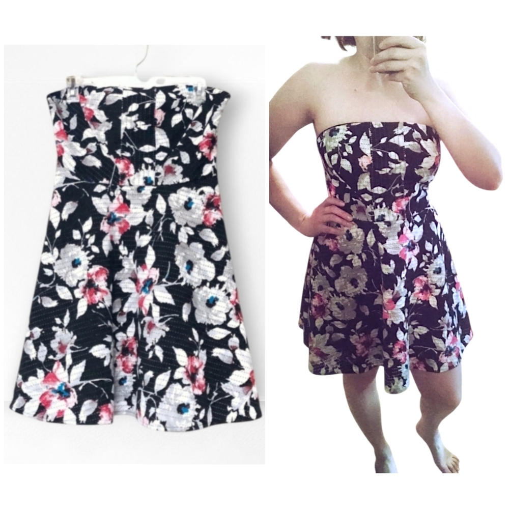 Express Dress Strapless Fit and Flare Floral Black White Size 6